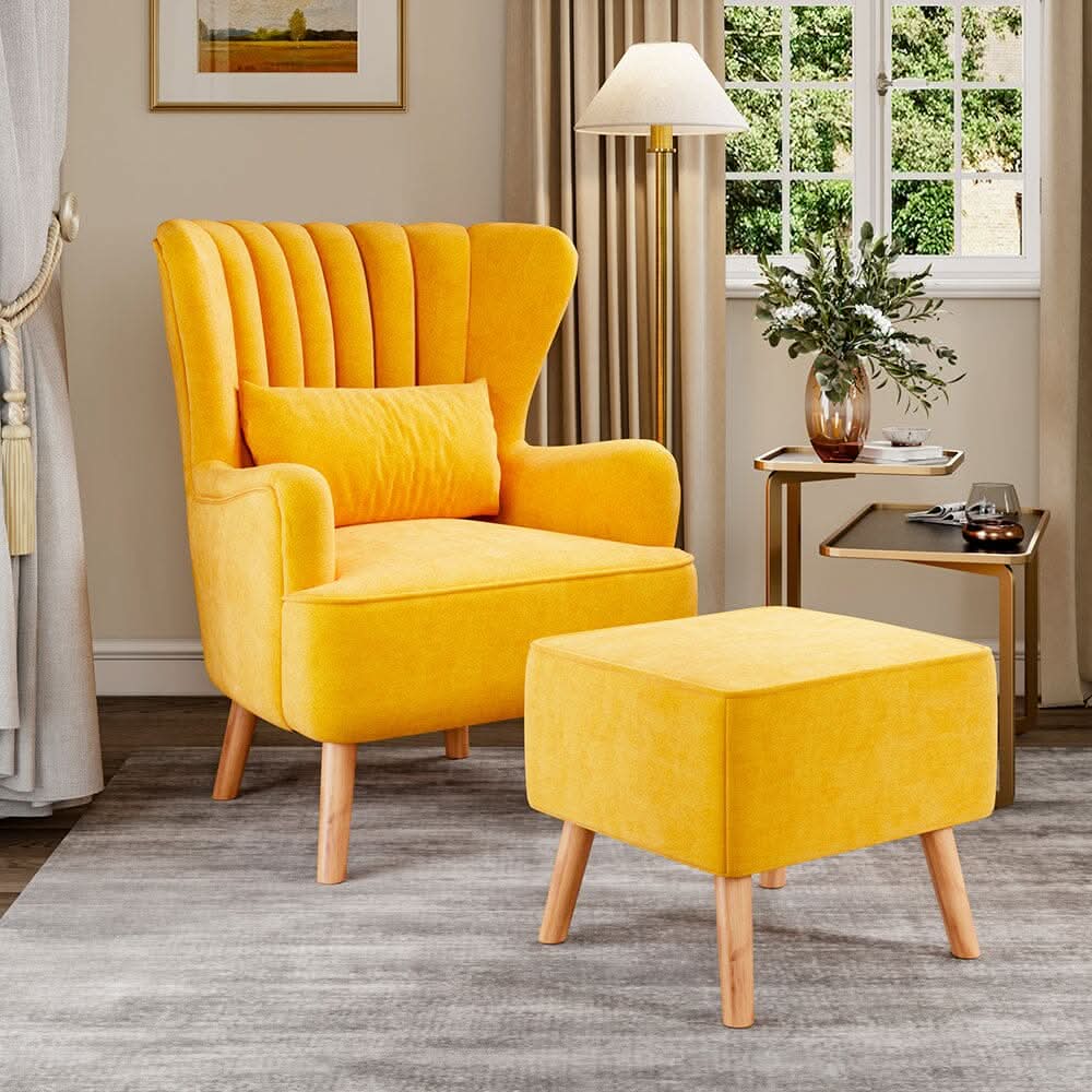 77cm W Occasion Faux Wool Wingback Chair Padded Armchair and Footstool