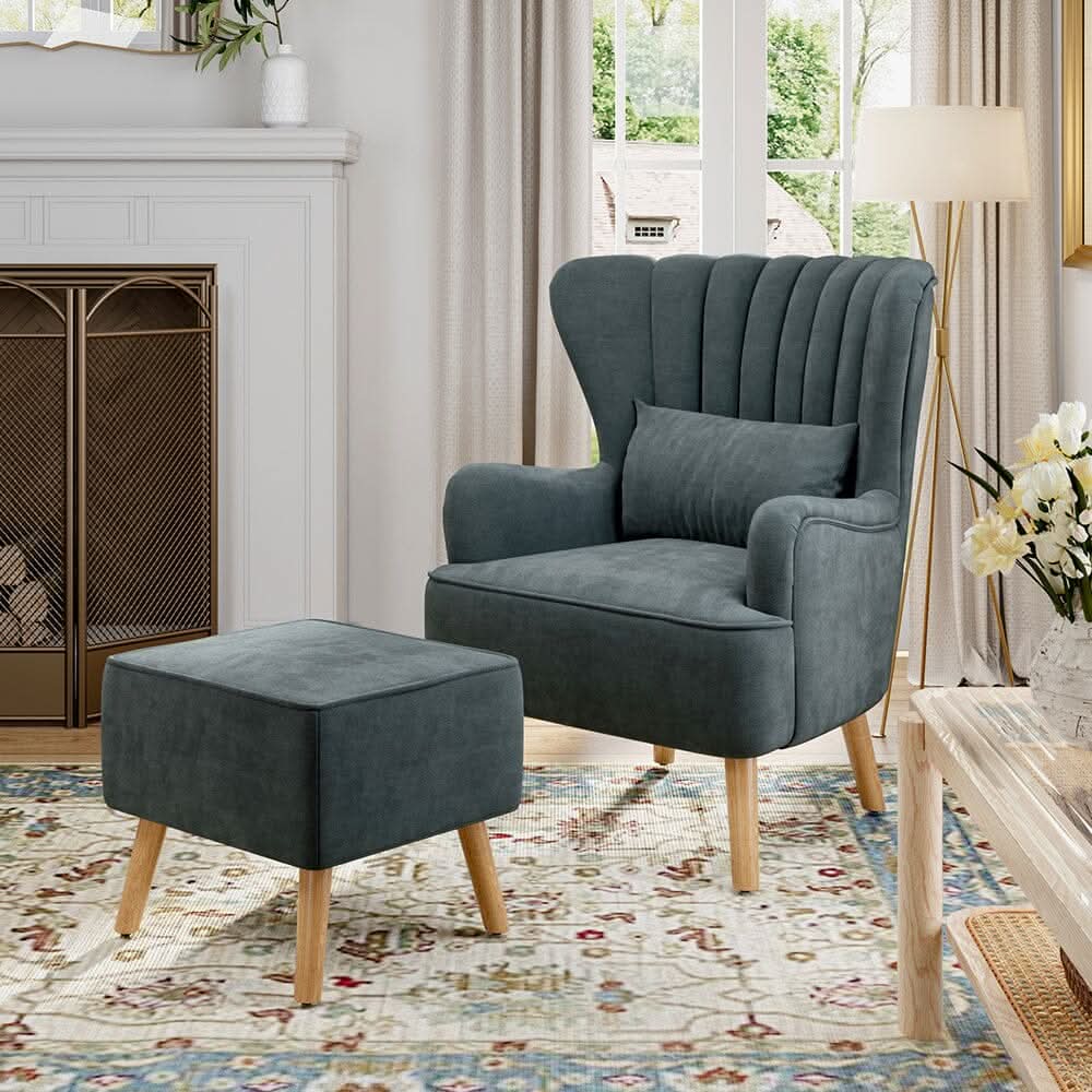 77cm W Occasion Faux Wool Wingback Chair Padded Armchair and Footstool