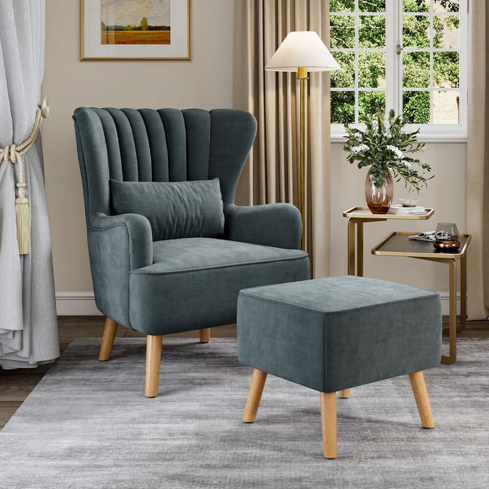 77cm W Occasion Faux Wool Wingback Chair Padded Armchair and Footstool