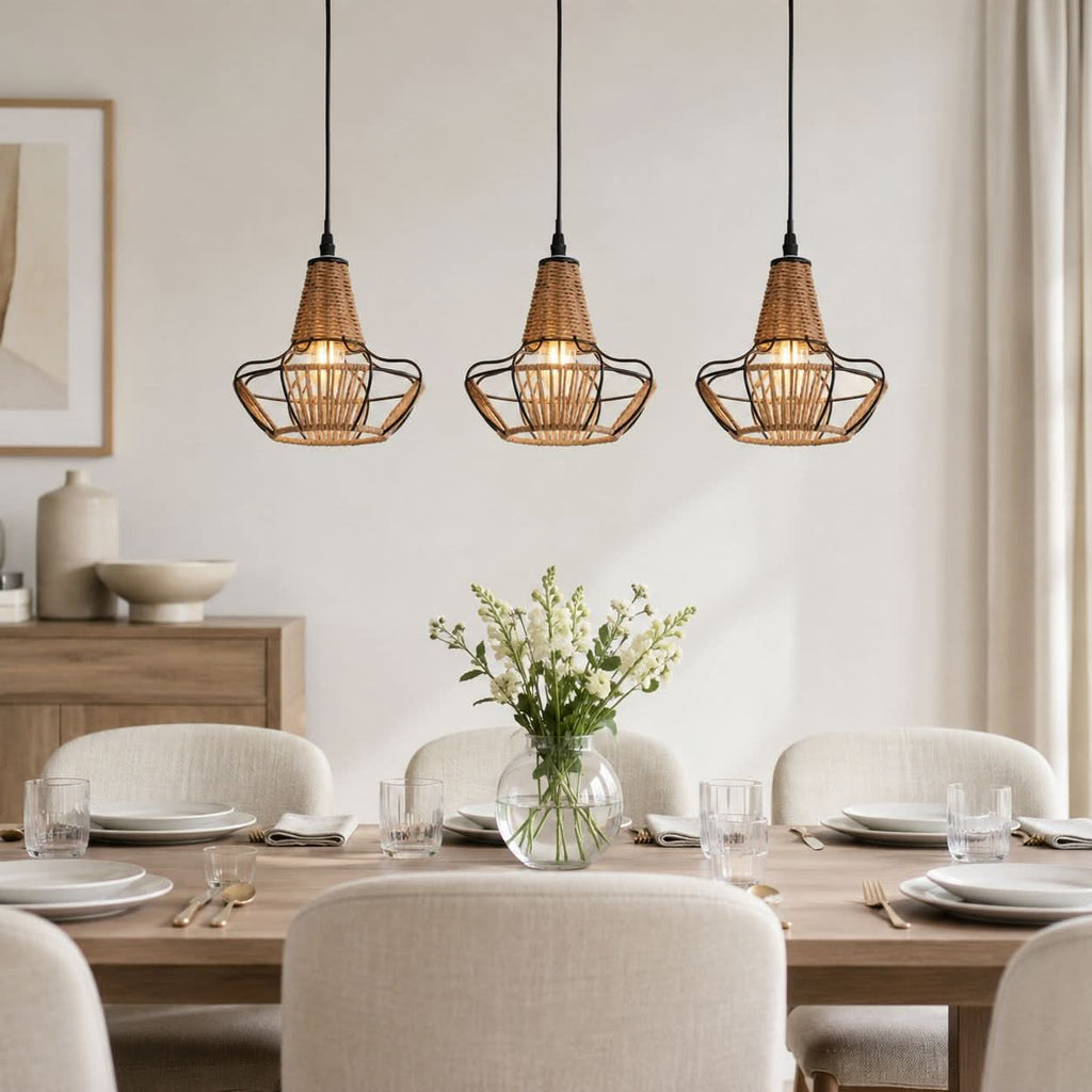Glyph-Lightsin Rustic Iron Woven Rattan Pendant Light for Dining Room, Reading Corner & Bedroom
