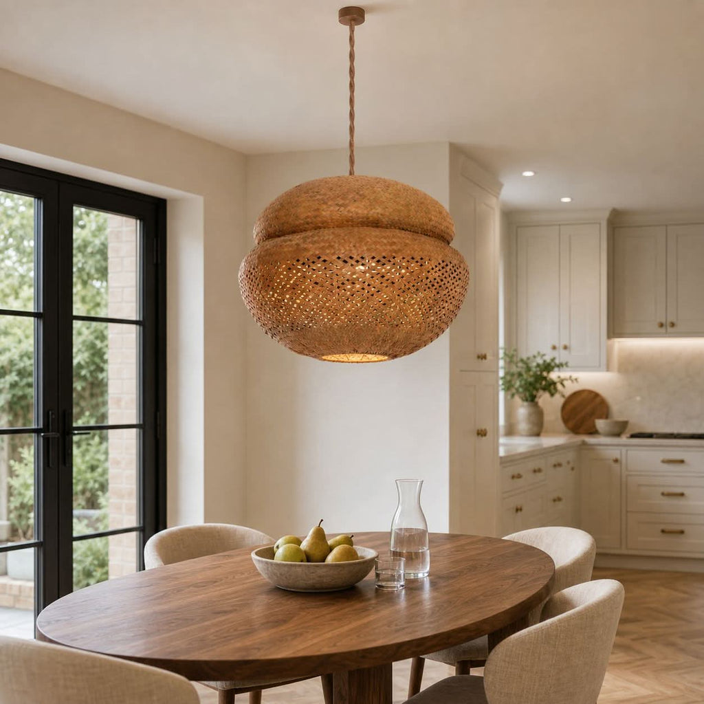 Lightsin Handwoven Natural Bulrush Pendant Ceiling Light with Pot Lid-Inspired Design
