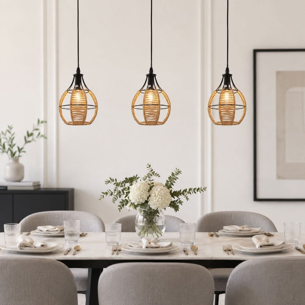 Glyph-Lightsin Rustic Iron Woven Rattan Pendant Light for Dining Room, Reading Corner & Bedroom