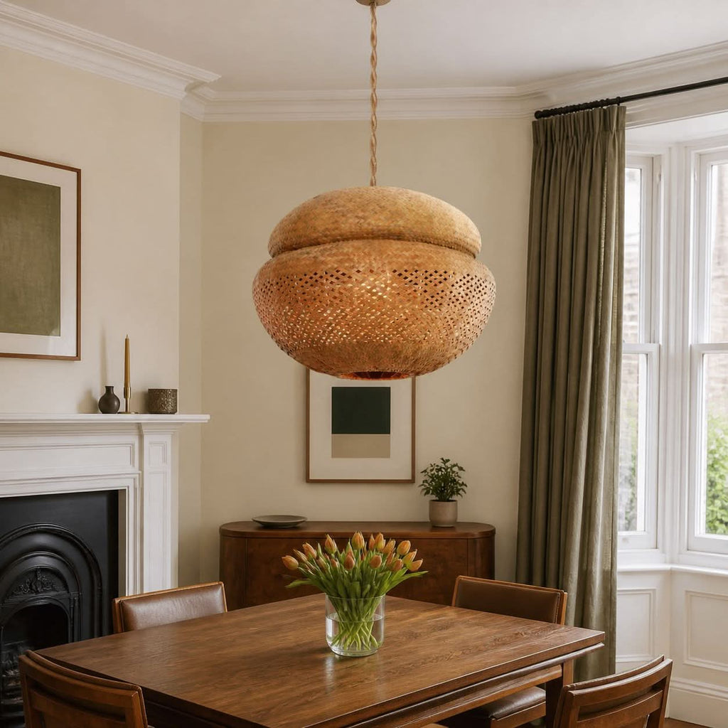 Lightsin Handwoven Natural Bulrush Pendant Ceiling Light with Pot Lid-Inspired Design