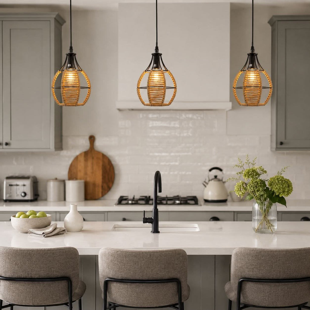 Glyph-Lightsin Rustic Iron Woven Rattan Pendant Light for Dining Room, Reading Corner & Bedroom
