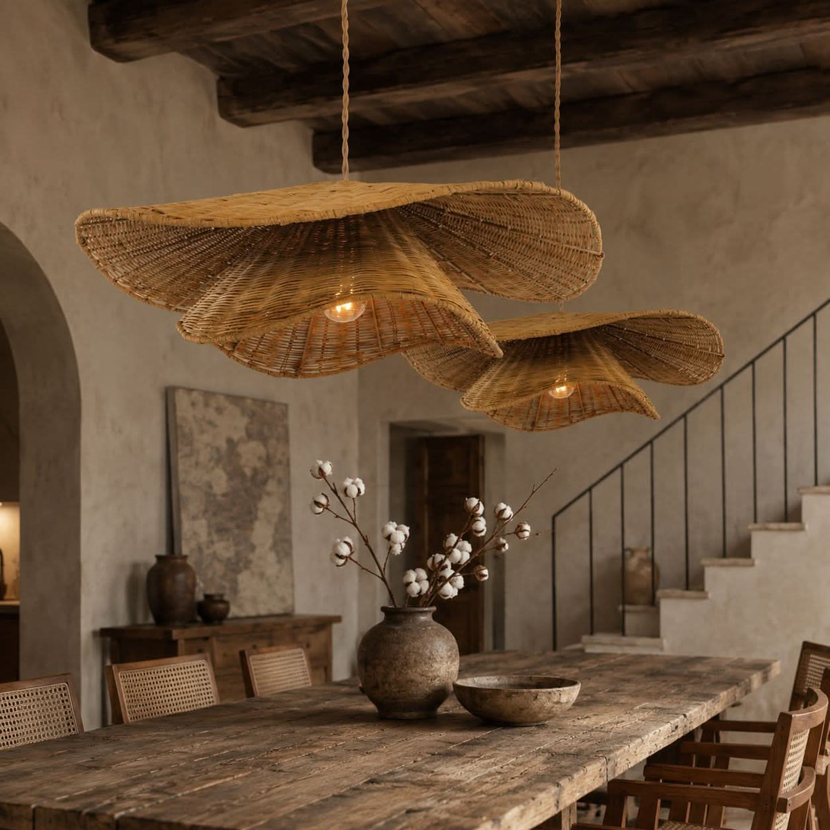 Lightsin Woven Rattan and Iron Pendant Light – Organic Ceiling Pendant Light for Dining Room, Living Room, and Modern Rustic Interiors