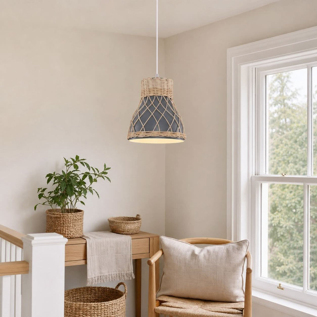 Lightsin Modern Rattan Pendant Light Available in Grey, Pink, and White