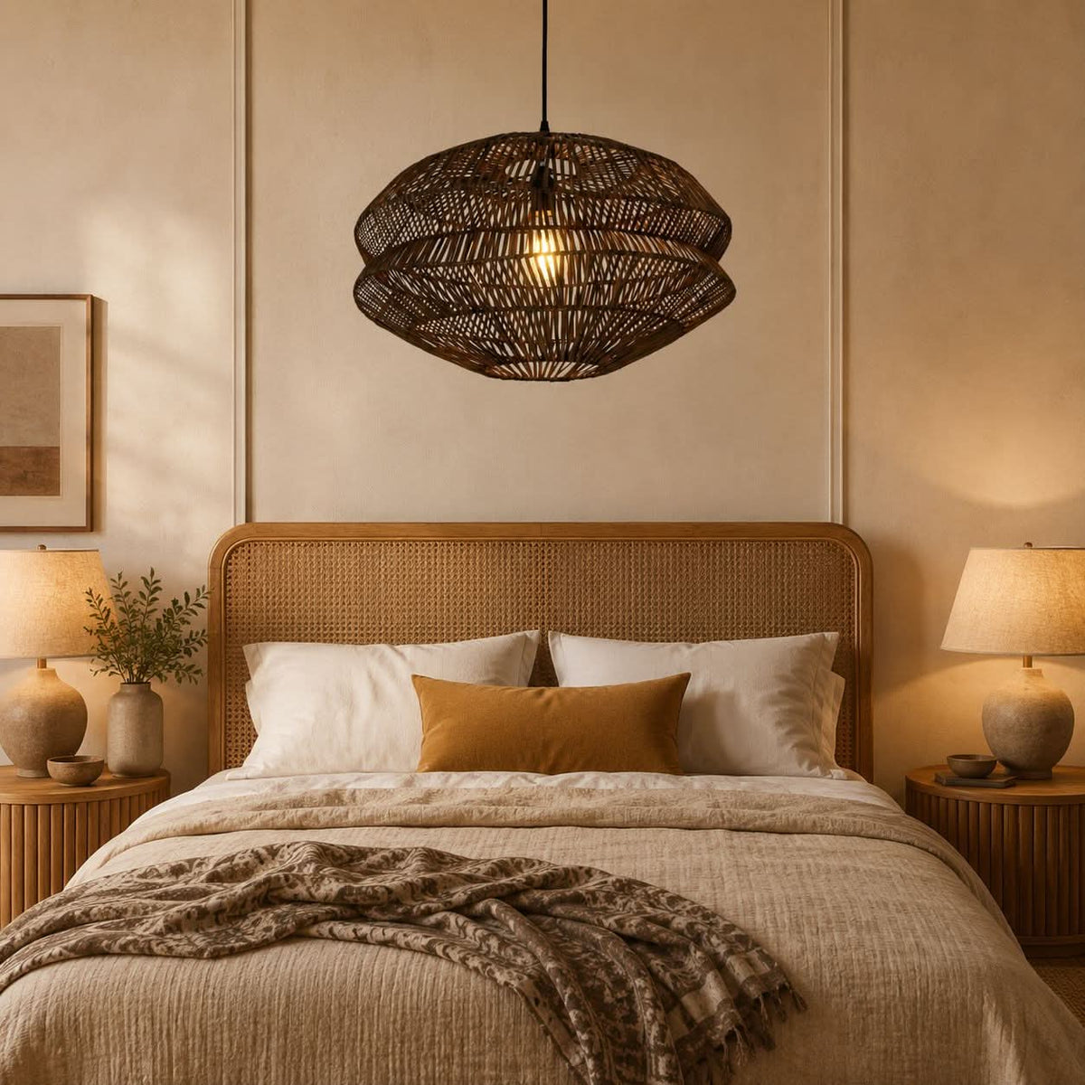 Lightsin Eco Friendly Rattan Pendant Light Handwoven Rustic Farmhouse Ceiling Light