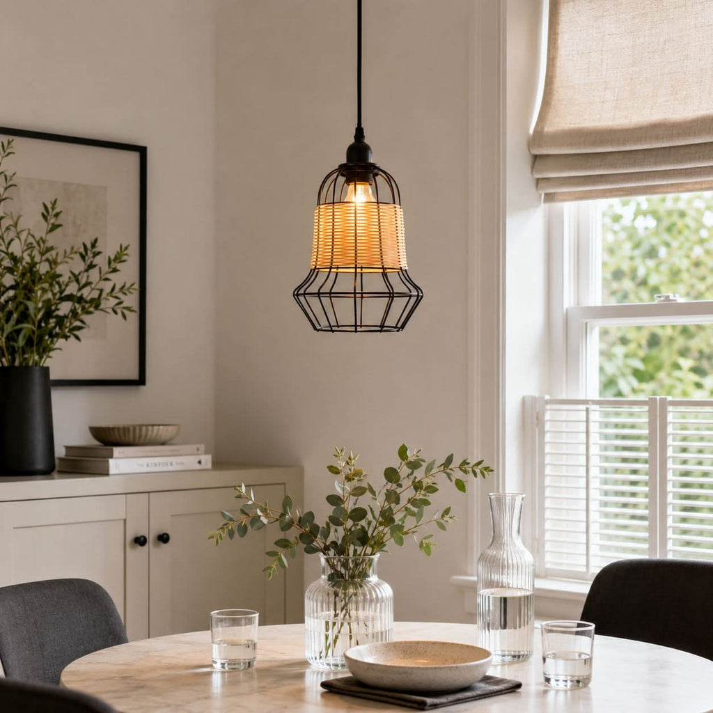 Glyph-Lightsin Rustic Iron Woven Rattan Pendant Light for Dining Room, Reading Corner & Bedroom