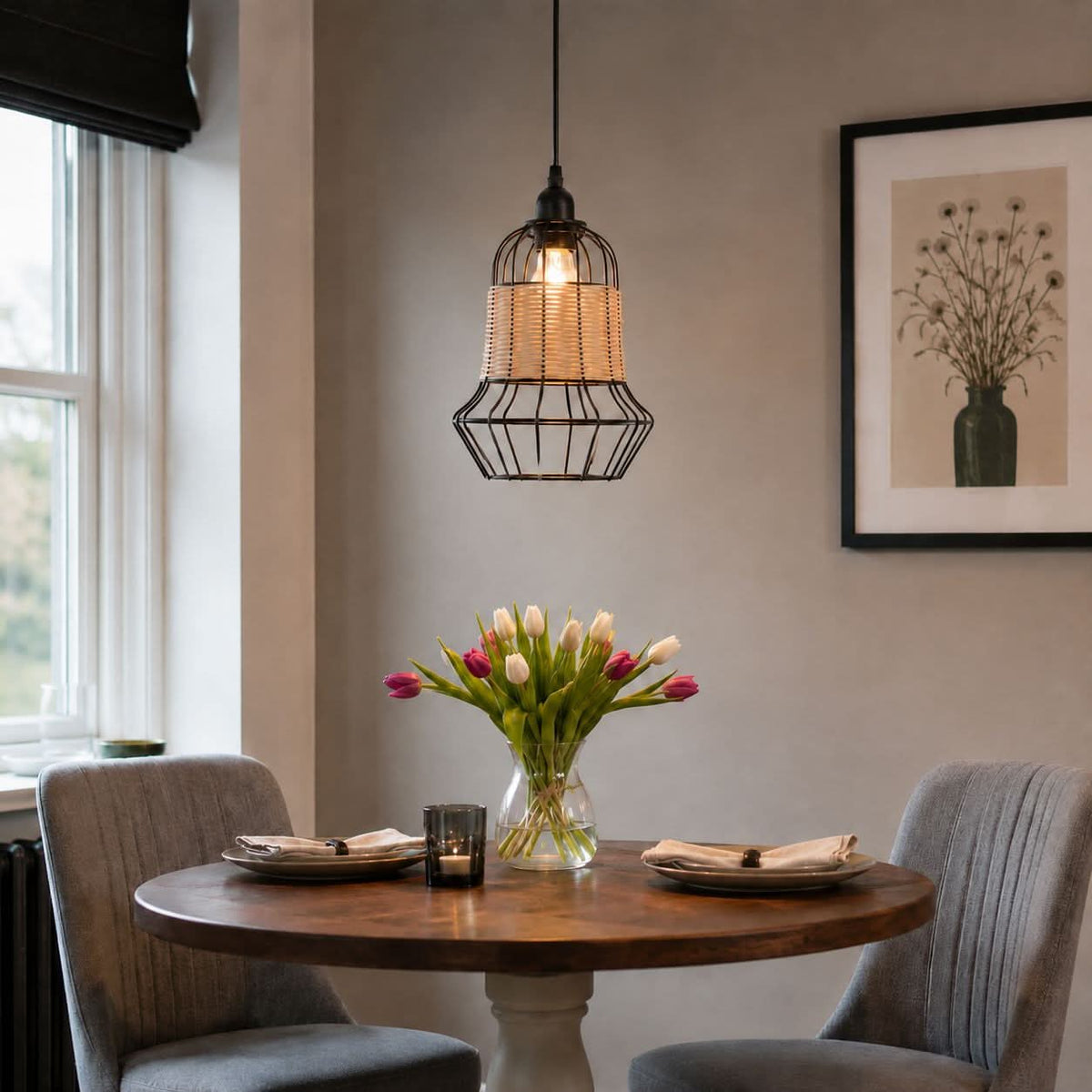 Glyph-Lightsin Rustic Iron Woven Rattan Pendant Light for Dining Room, Reading Corner & Bedroom