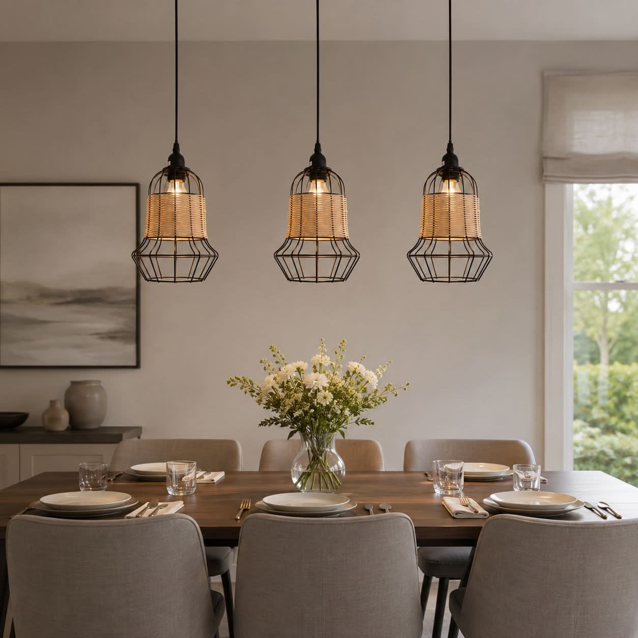 Glyph-Lightsin Rustic Iron Woven Rattan Pendant Light for Dining Room, Reading Corner & Bedroom