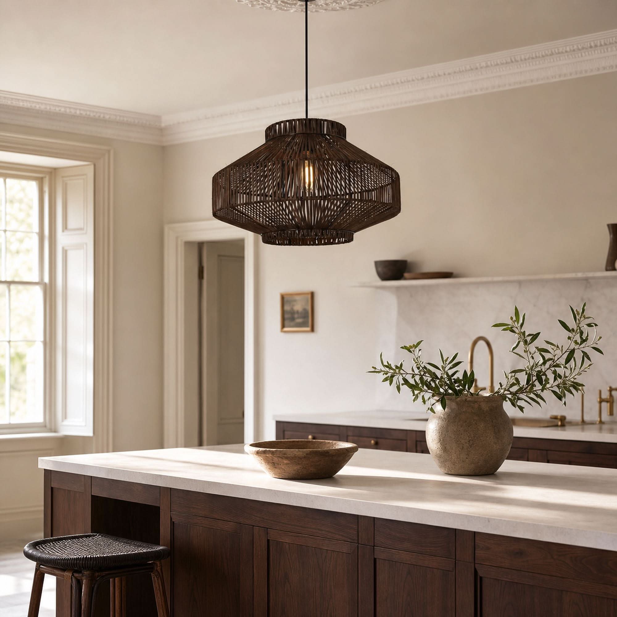 Lightsin Rattan Pendant Light for Modern Boho Interiors – Handwoven Kitchen Island Pendant Light for Living Room, Dining, and Bathroom Ceiling Lighting