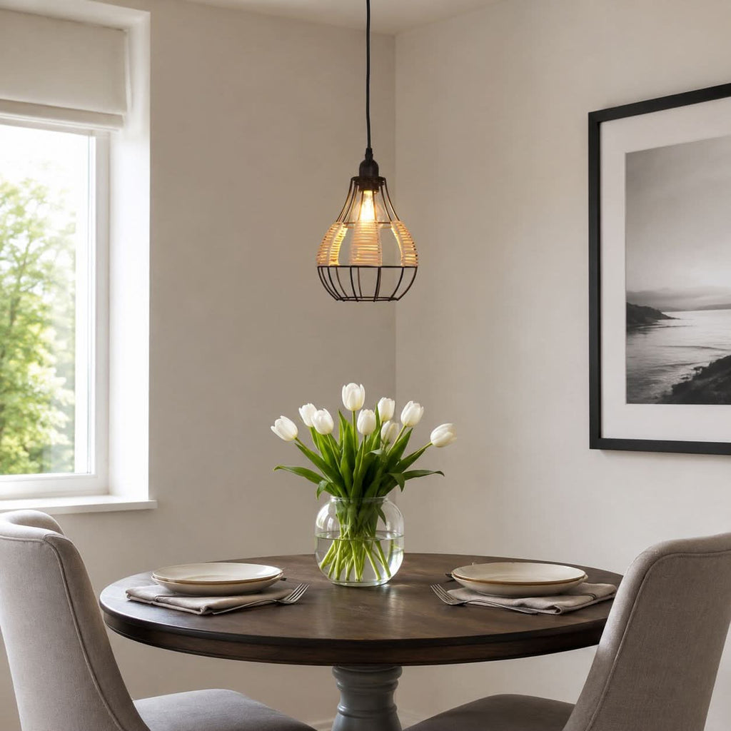Glyph-Lightsin Rustic Iron Woven Rattan Pendant Light for Dining Room, Reading Corner & Bedroom