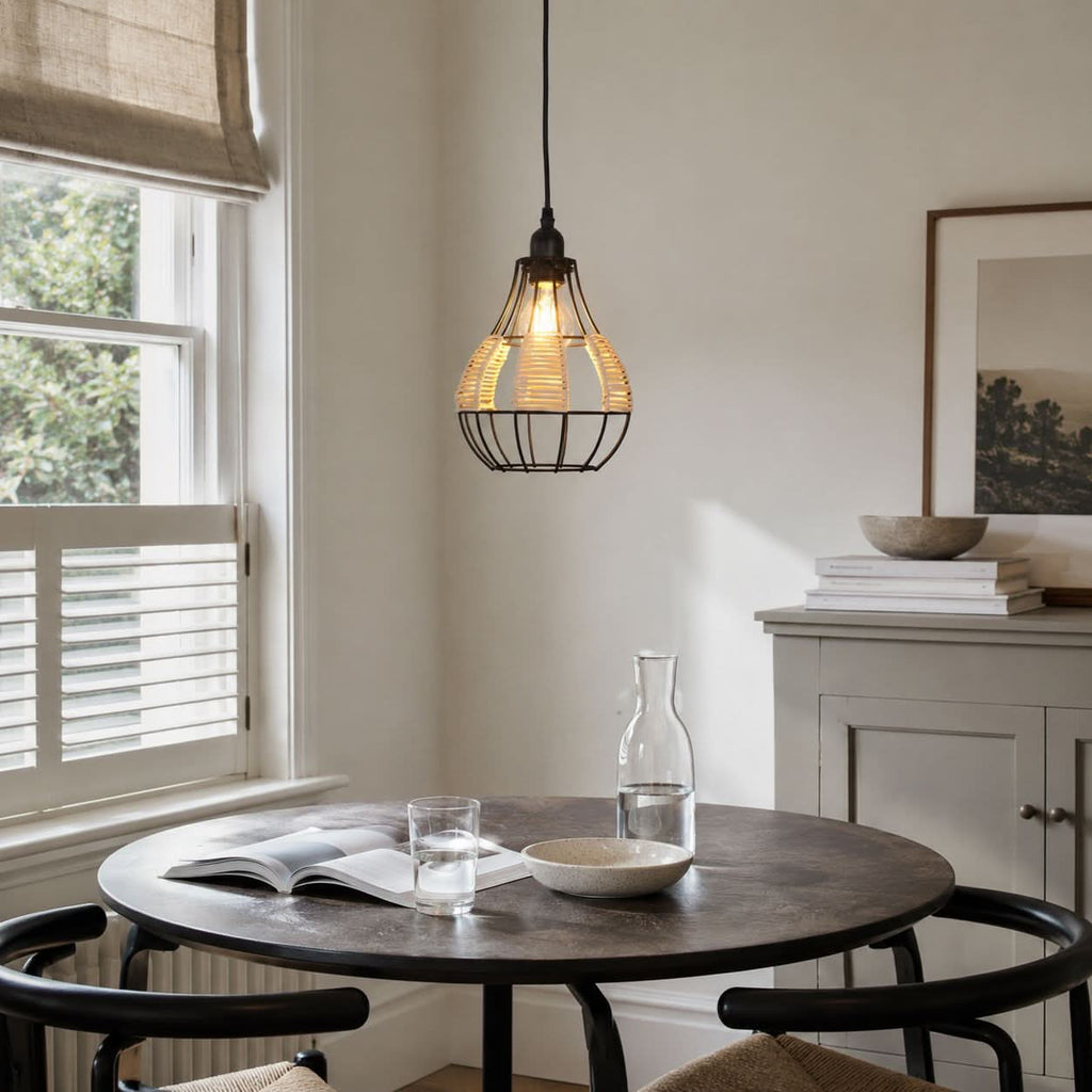 Glyph-Lightsin Rustic Iron Woven Rattan Pendant Light for Dining Room, Reading Corner & Bedroom