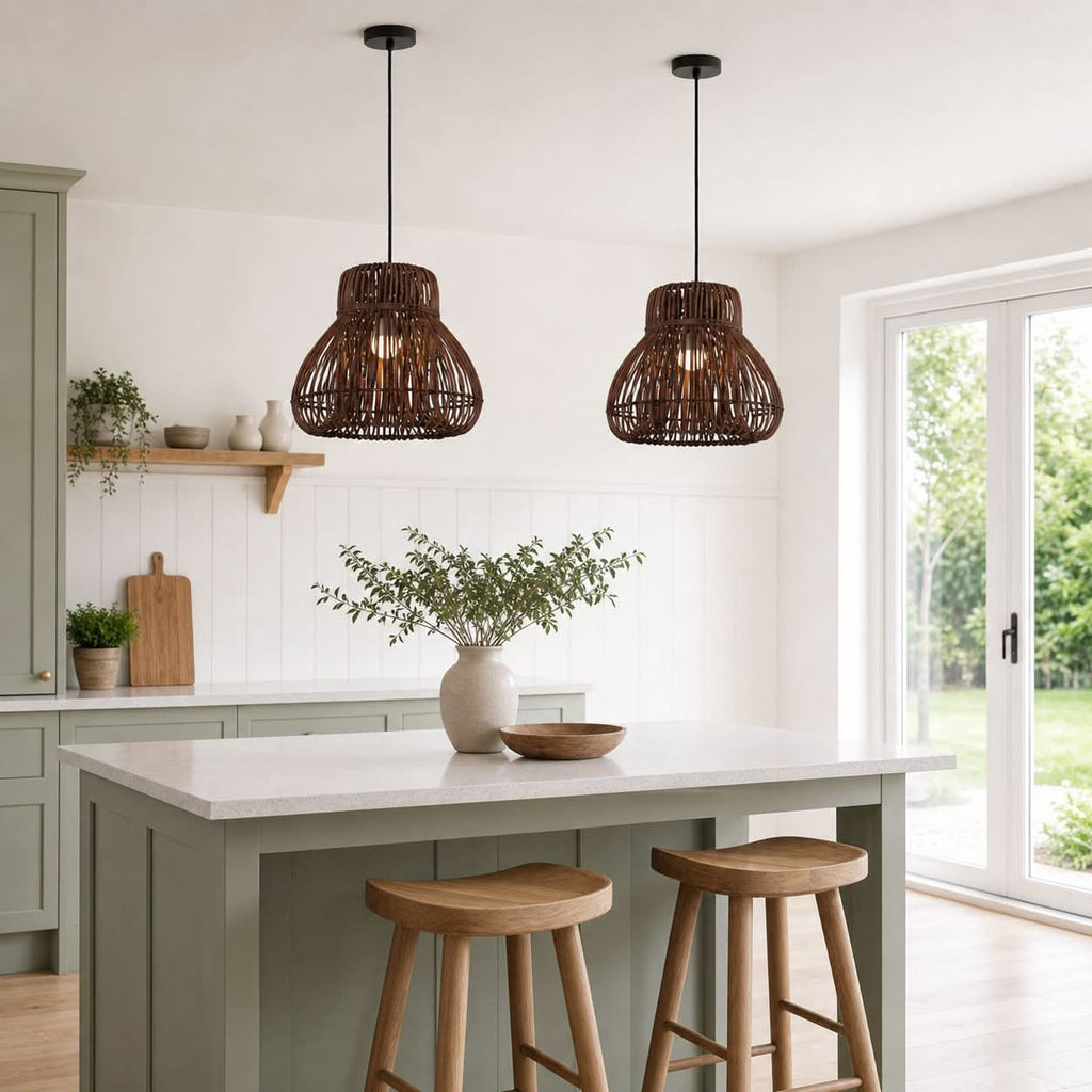 Lightsin Natural Woven Rattan Pendant Light – Handcrafted Rustic Ceiling Light for Dining Rooms, Living Spaces, and Cafés