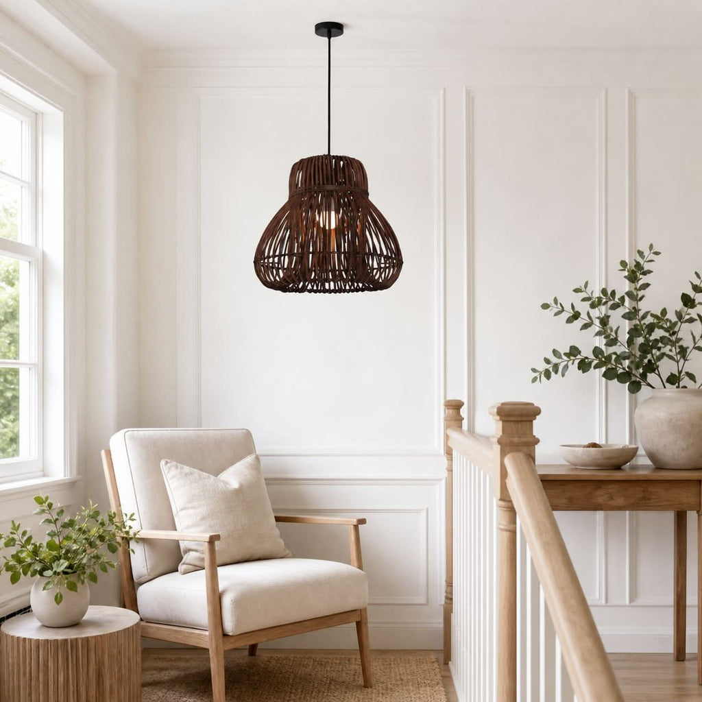 Lightsin Natural Woven Rattan Pendant Light – Handcrafted Rustic Ceiling Light for Dining Rooms, Living Spaces, and Cafés