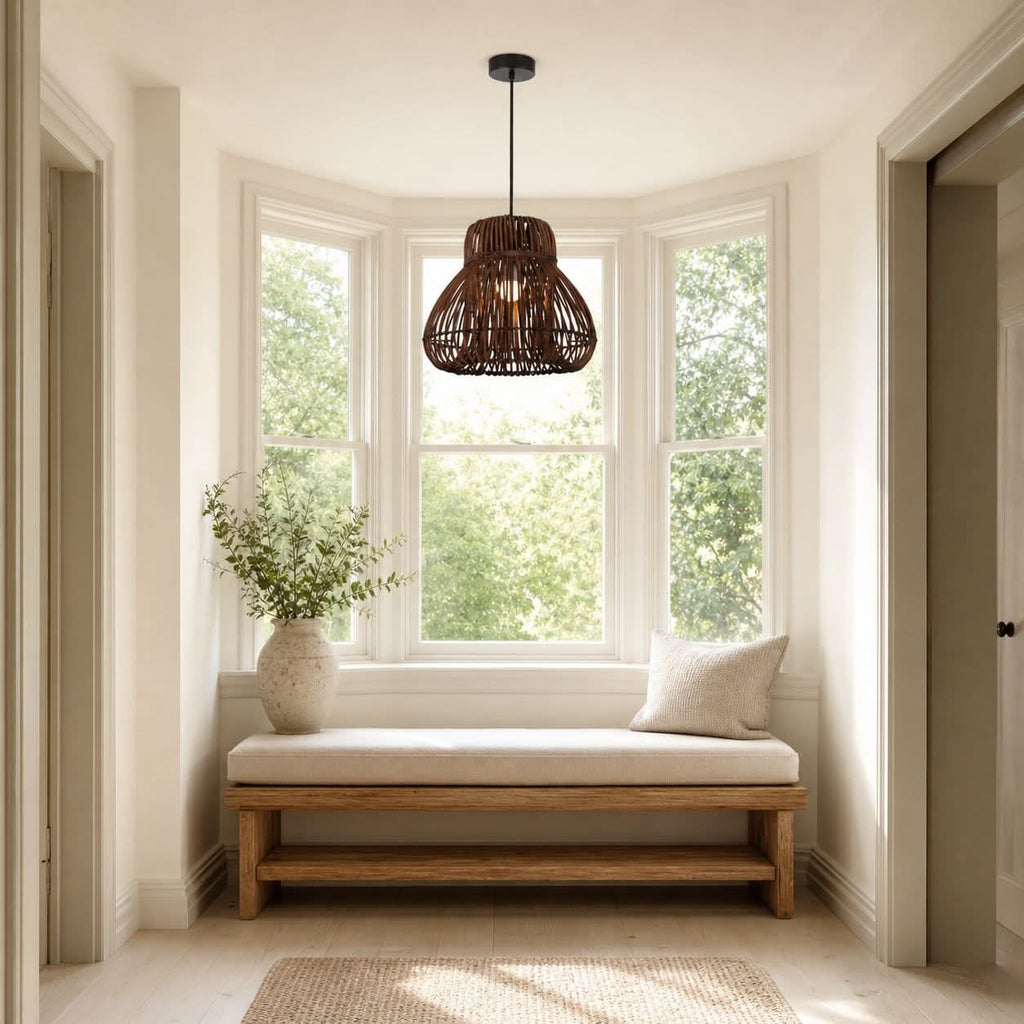 Lightsin Natural Woven Rattan Pendant Light – Handcrafted Rustic Ceiling Light for Dining Rooms, Living Spaces, and Cafés
