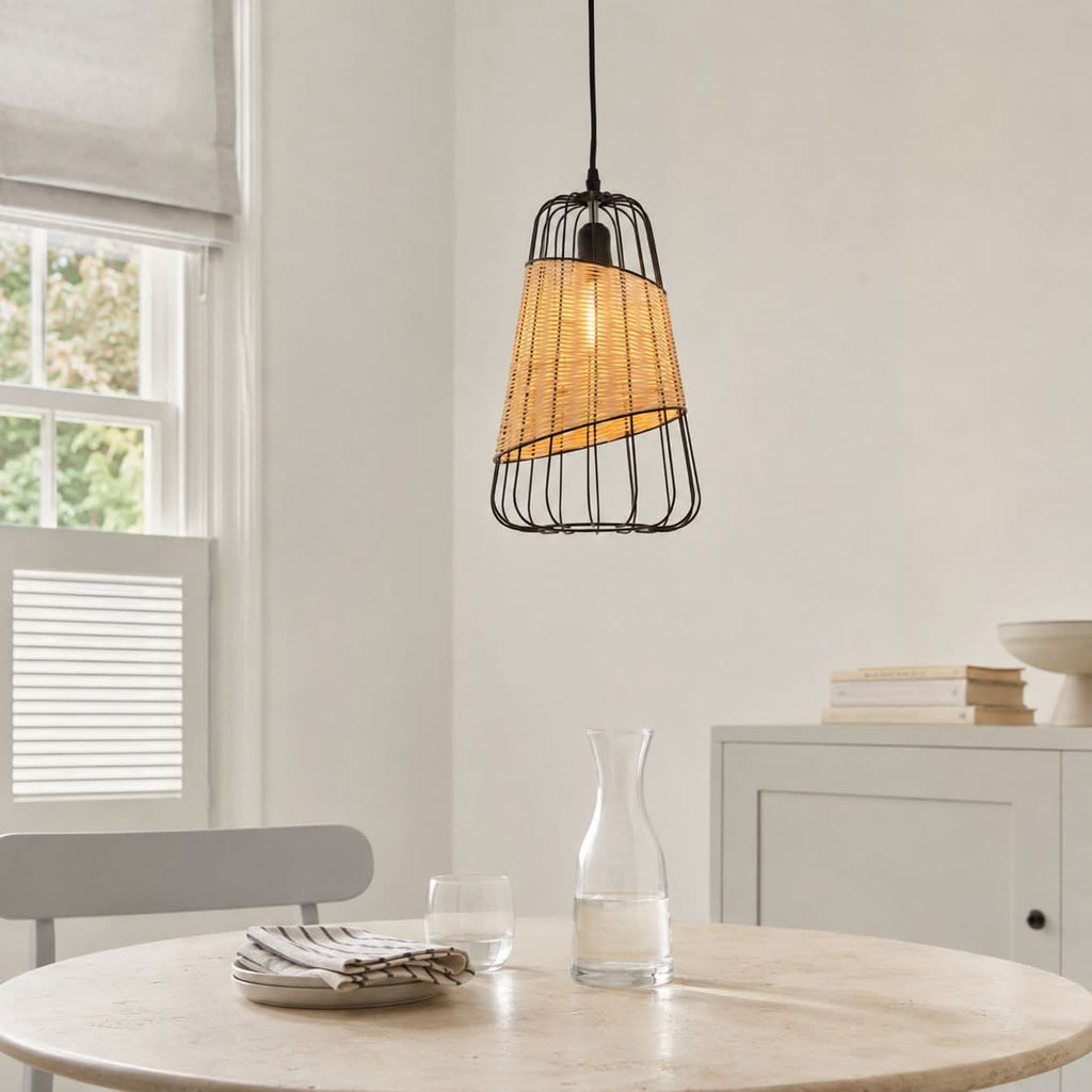 Glyph-Lightsin Rustic Iron Woven Rattan Pendant Light for Dining Room, Reading Corner & Bedroom