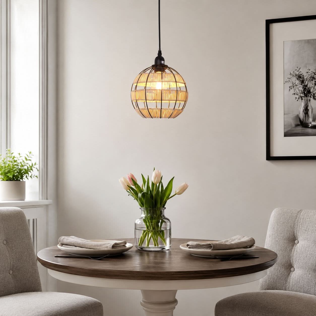 Glyph-Lightsin Rustic Iron Woven Rattan Pendant Light for Dining Room, Reading Corner & Bedroom