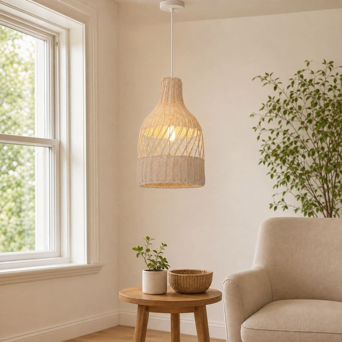Lightsin Sustainable Handwoven White Rattan Light Fixture