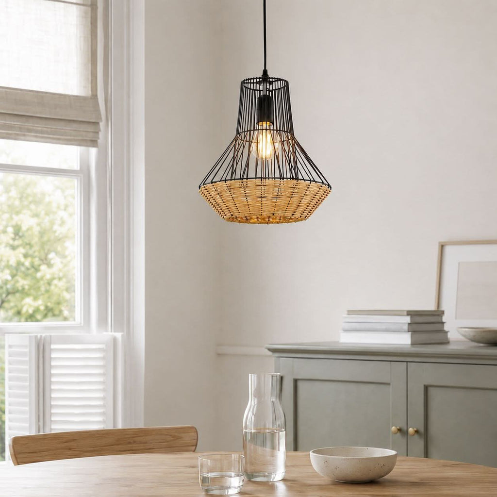 Glyph-Lightsin Geometric Rattan and Iron Pendant Light for Dining, Kitchen, and Living Rooms
