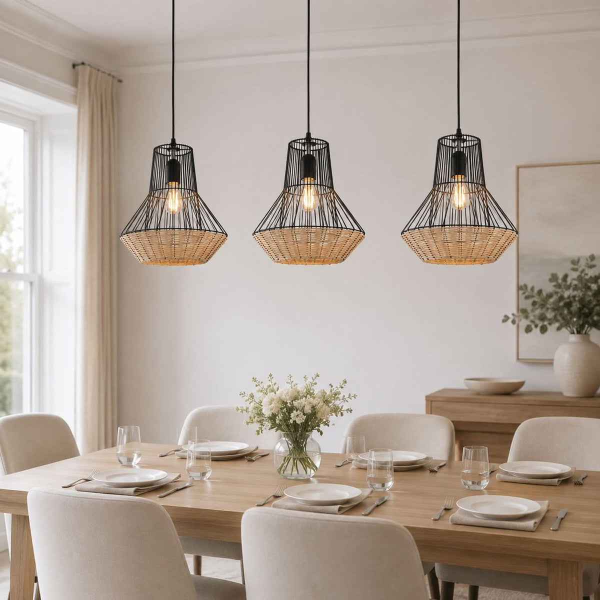 Glyph-Lightsin Geometric Rattan and Iron Pendant Light for Dining, Kitchen, and Living Rooms