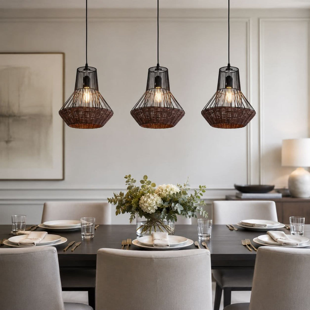 Glyph-Lightsin Geometric Rattan and Iron Pendant Light for Dining, Kitchen, and Living Rooms