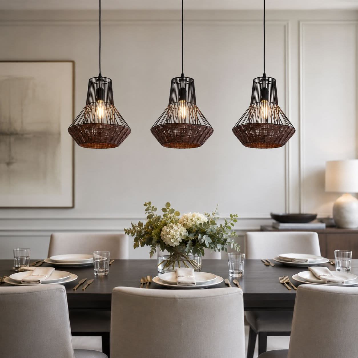 Glyph-Lightsin Geometric Rattan and Iron Pendant Light for Dining, Kitchen, and Living Rooms