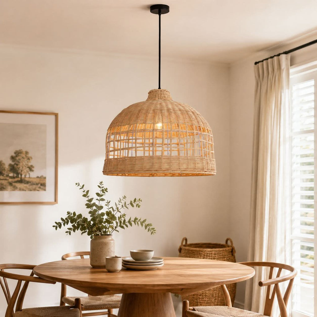 Lightsin Cella-Rattan Pendant Light – Handwoven Dome Ceiling Light with Lattice Design for Living Room, Bedroom & Kitchen