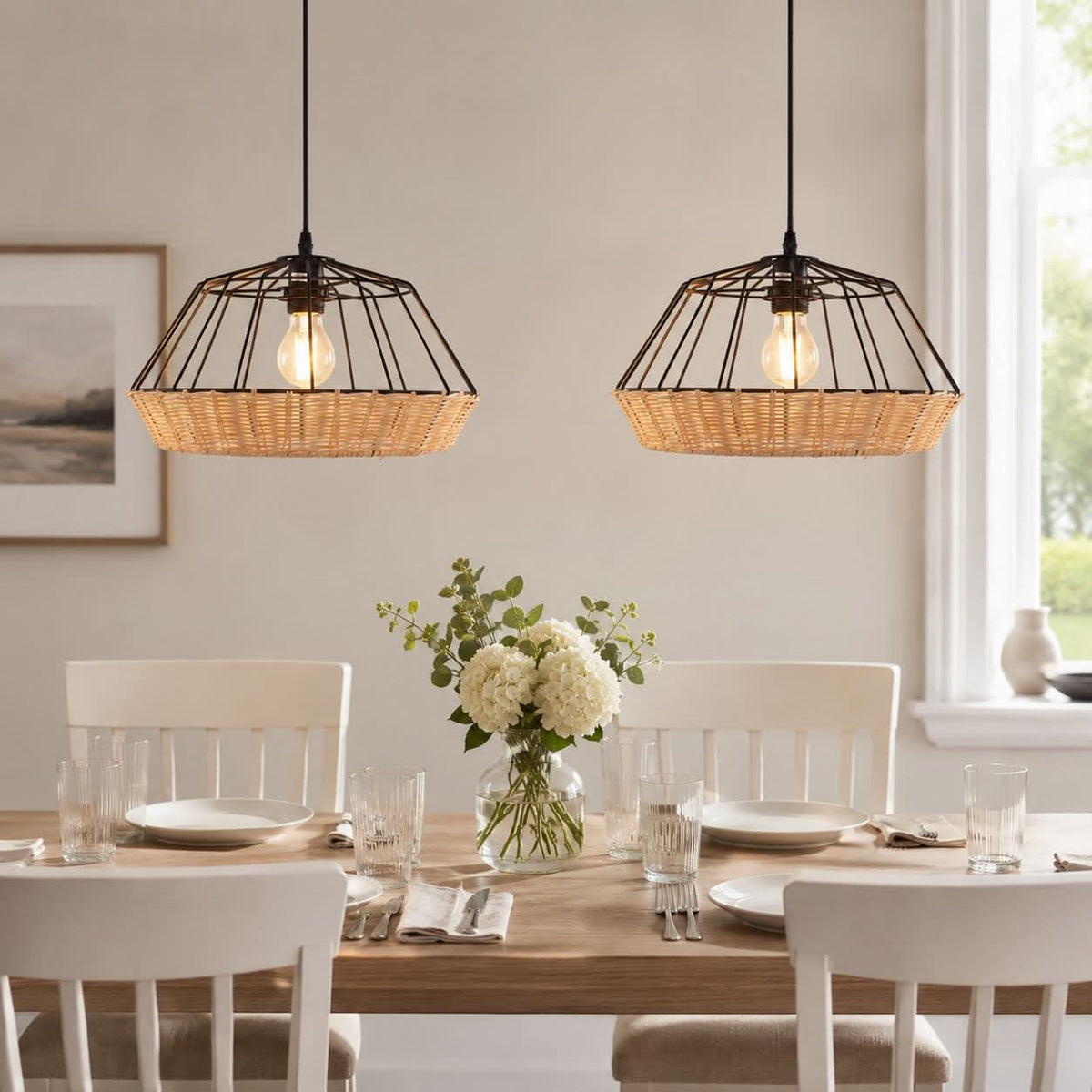 Glyph-Lightsin Rustic Iron Woven Rattan Pendant Light for Dining Room, Reading Corner & Bedroom