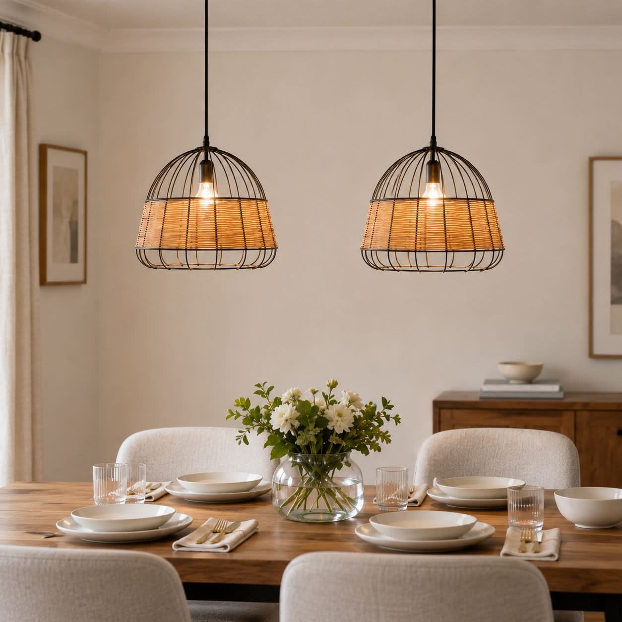 Glyph-Lightsin Rustic Iron Woven Rattan Pendant Light for Dining Room, Reading Corner & Bedroom