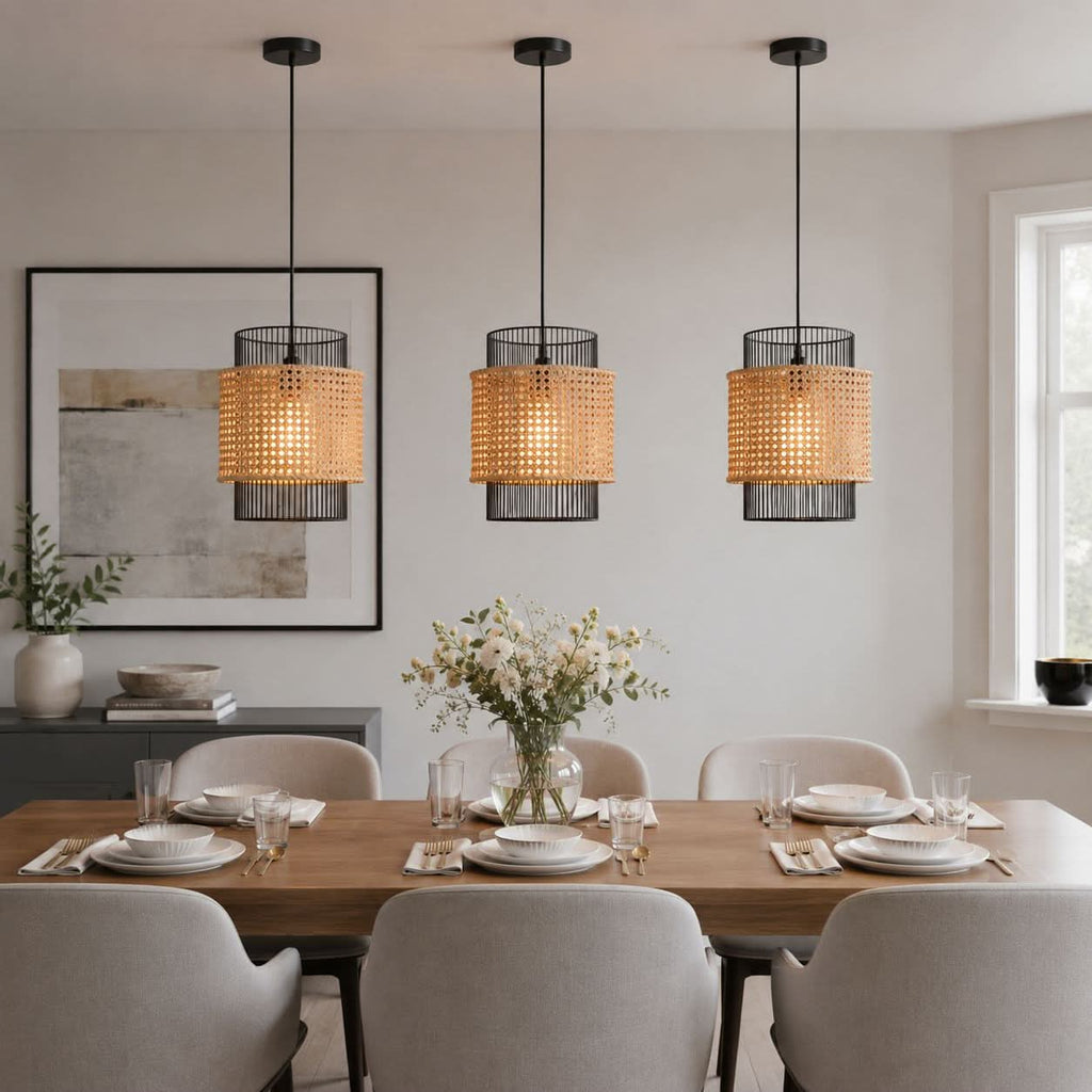 Glyph-Lightsin Elegant Black Frame with Handwoven Rattan Pendant Light