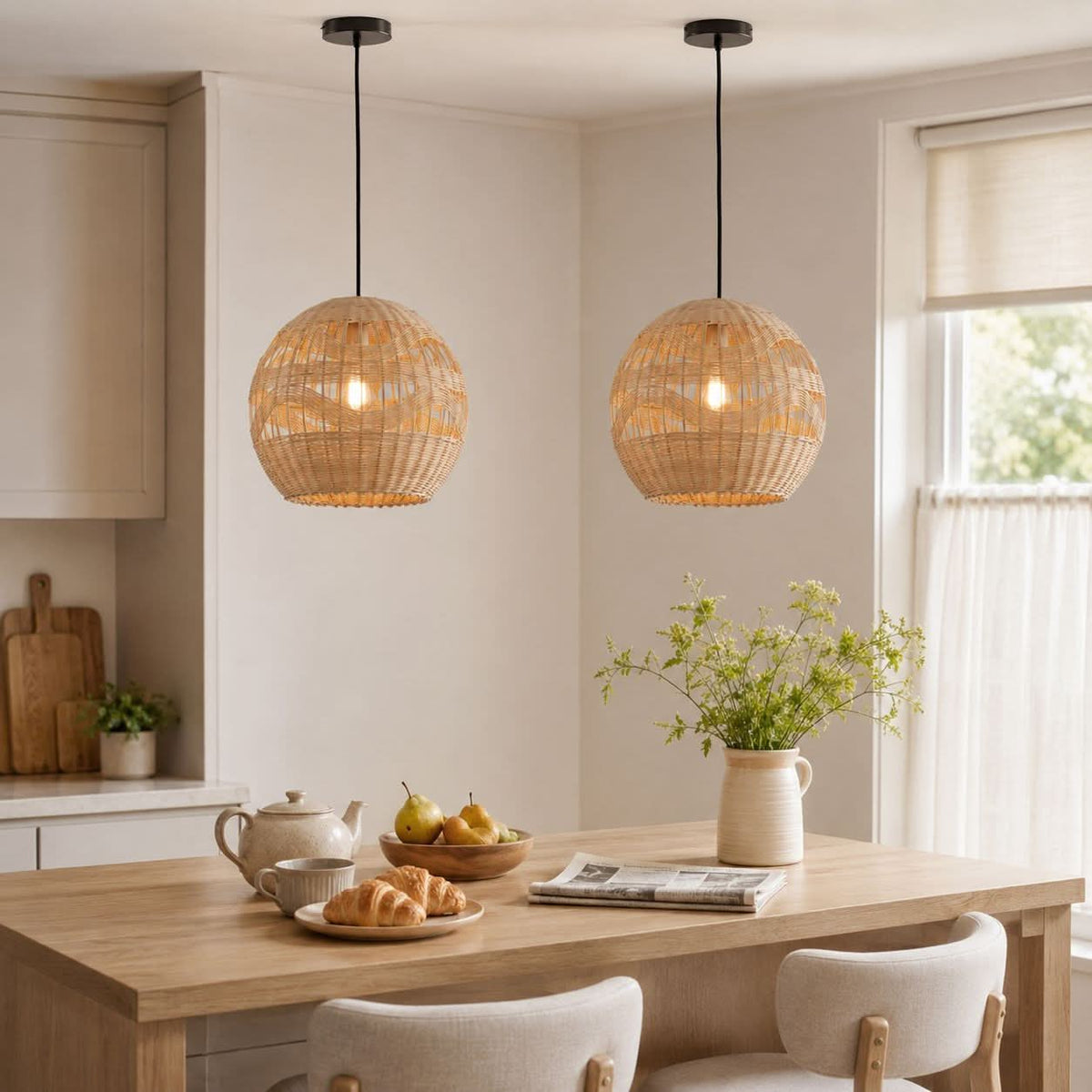 Lightsin Handwoven Rattan Pendant Light – Boho-Chic Ceiling Pendant Light for Dining Rooms, Living Spaces, and Wicker Interior Lighting