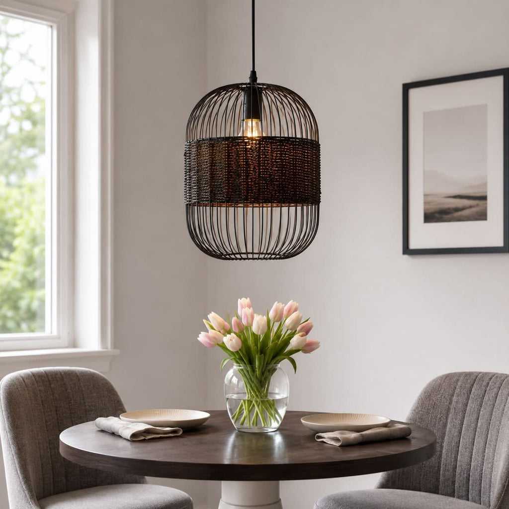 Glyph-Lightsin Black Handcrafted Pendant Light Industrial Rattan Design for Home Decor