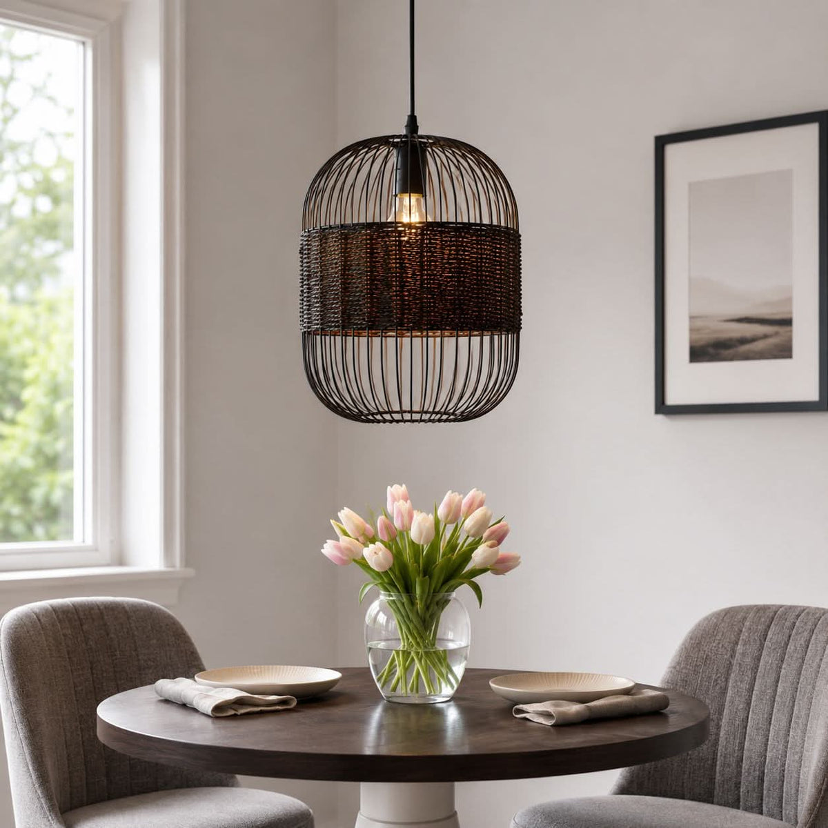 Glyph-Lightsin Black Handcrafted Pendant Light Industrial Rattan Design for Home Decor