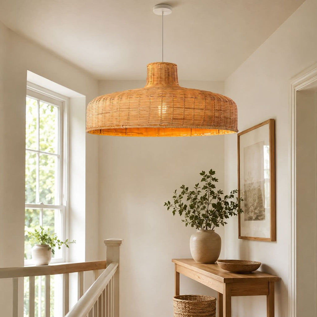 Lightsin Flat Teapot-Shaped Japanese Rattan Pendant Light – Natural Elegance