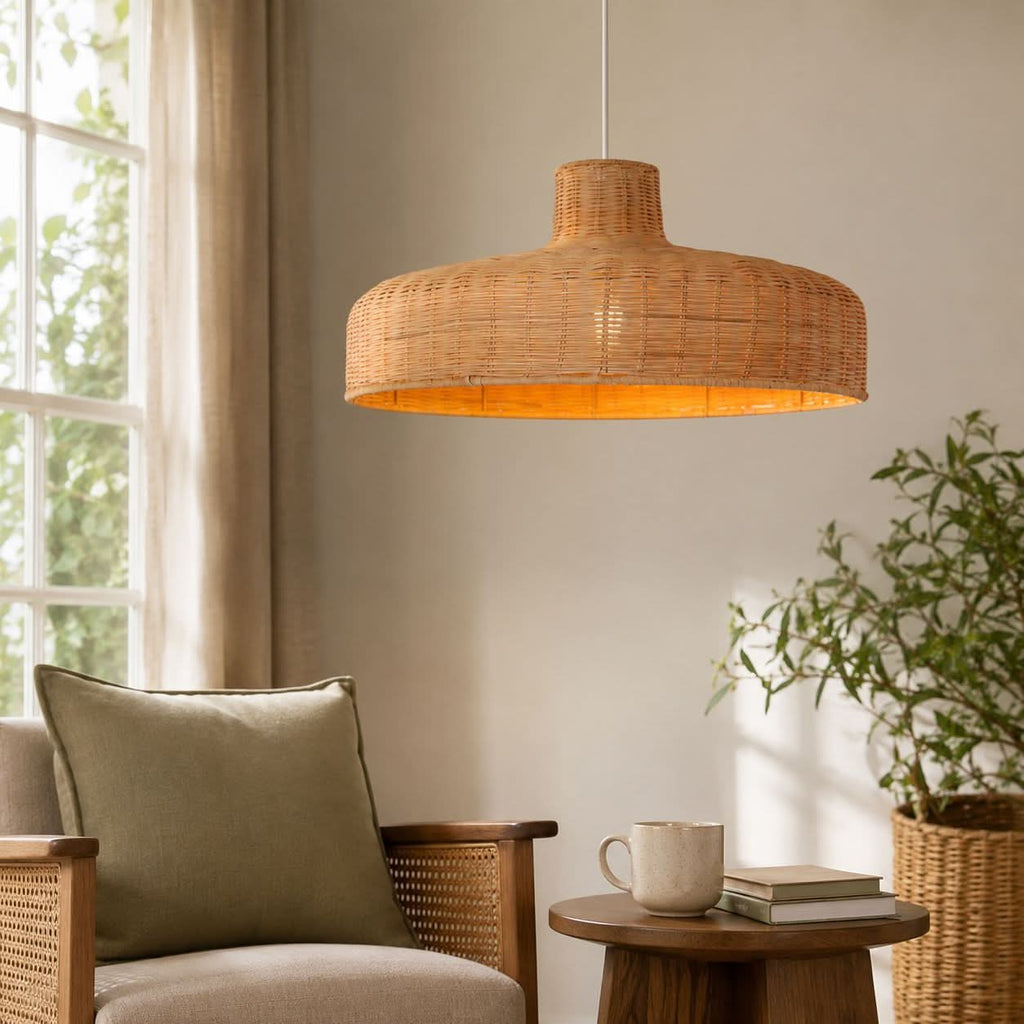 Lightsin Flat Teapot-Shaped Japanese Rattan Pendant Light – Natural Elegance
