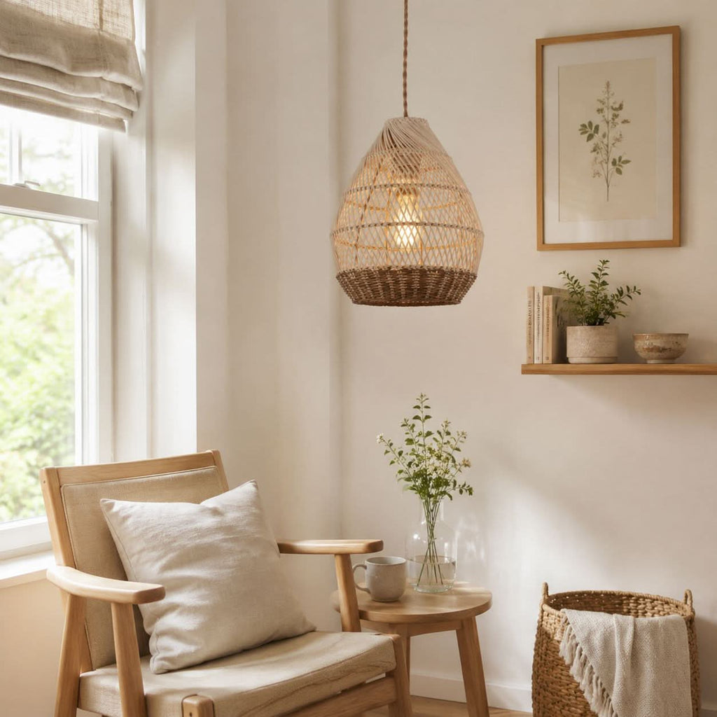 Lightsin Handwoven Boho Teardrop Design Rattan Iron Pendant Light