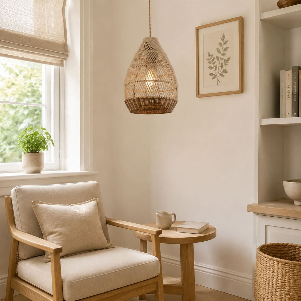 Lightsin Handwoven Boho Teardrop Design Rattan Iron Pendant Light