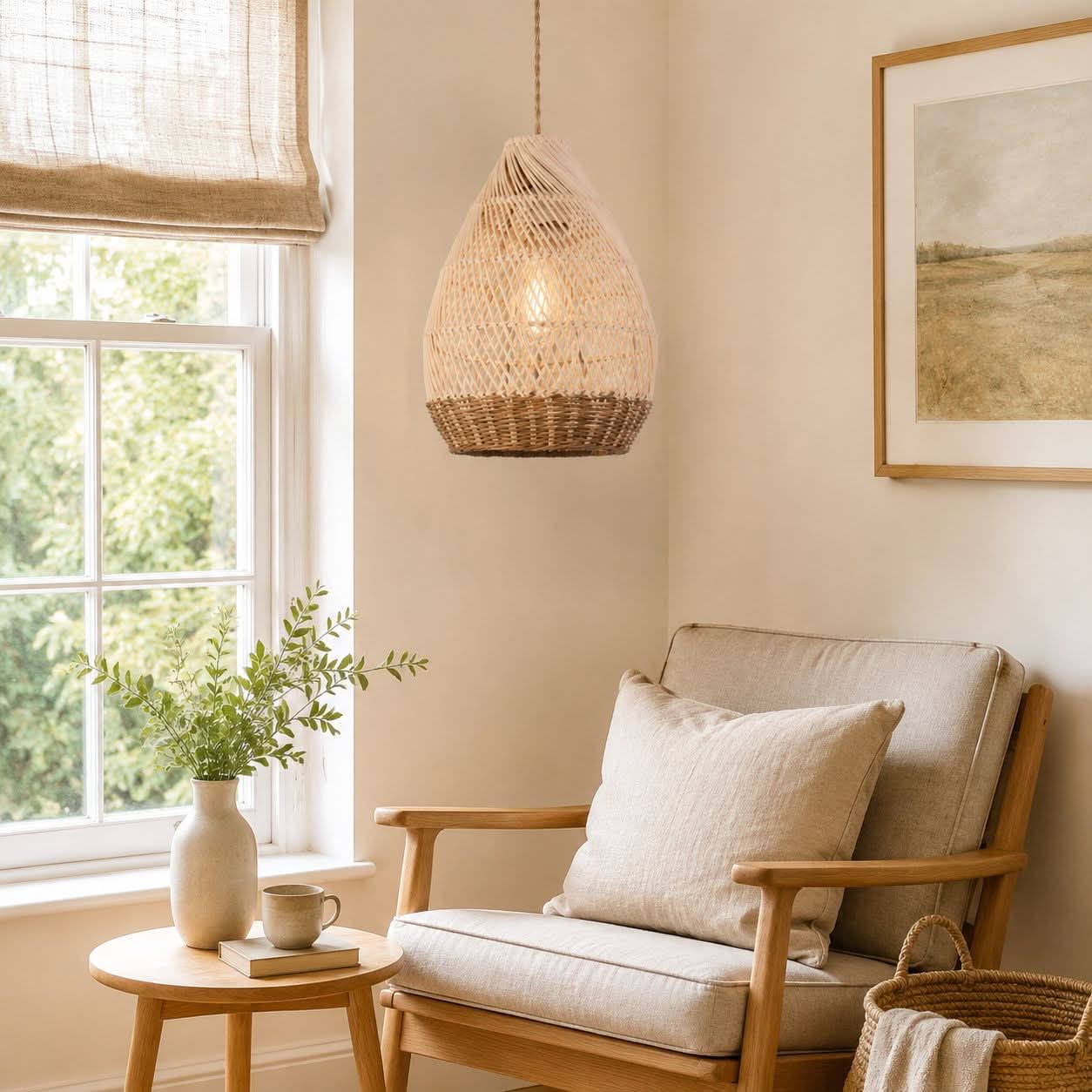 Lightsin Handwoven Boho Teardrop Design Rattan Iron Pendant Light