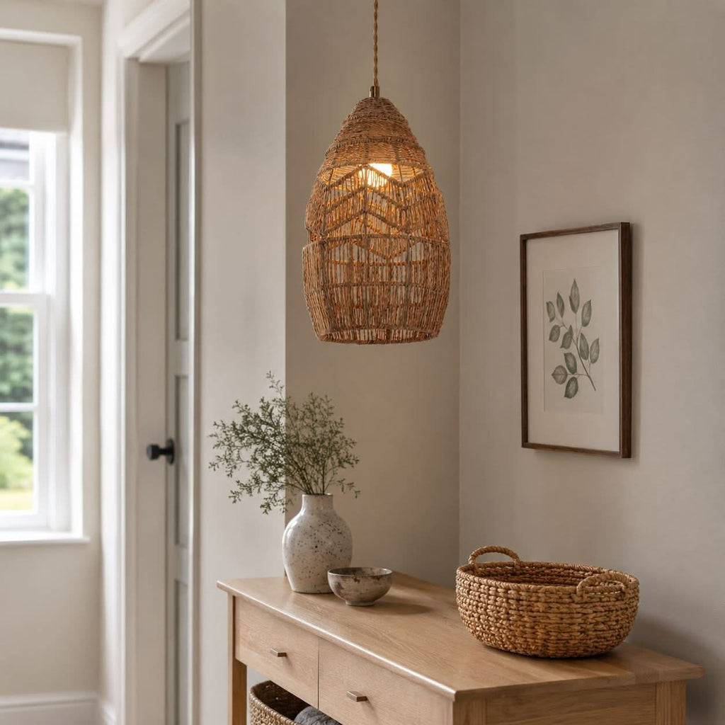 Lightsin Handwoven Rattan Bell Pendant Light for Dining Room Decor