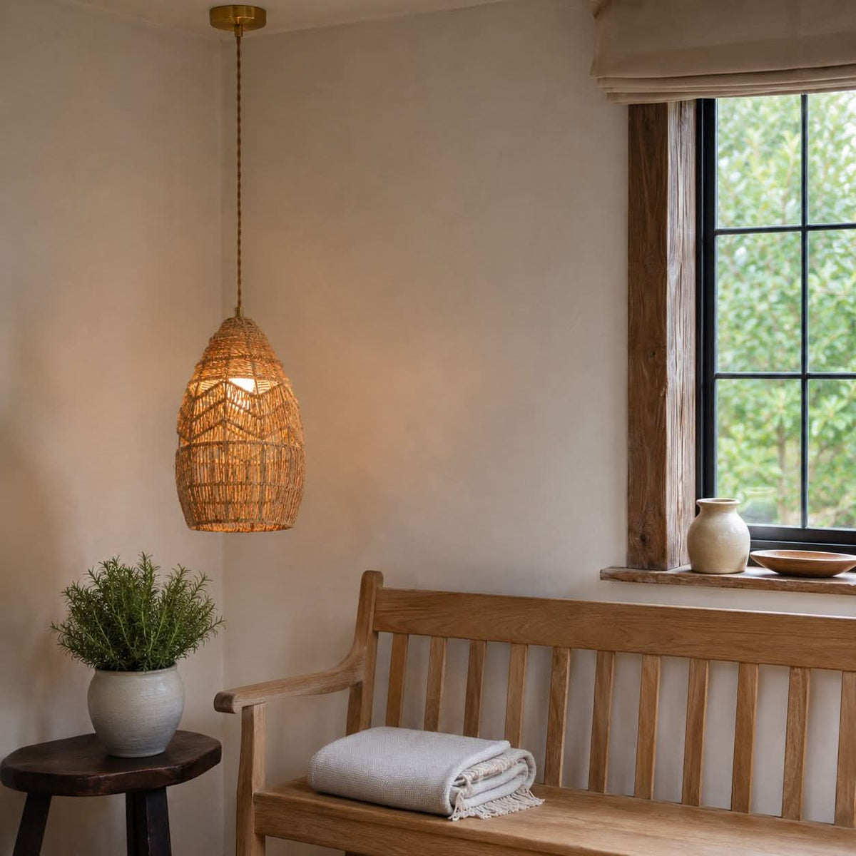 Lightsin Handwoven Rattan Bell Pendant Light for Dining Room Decor
