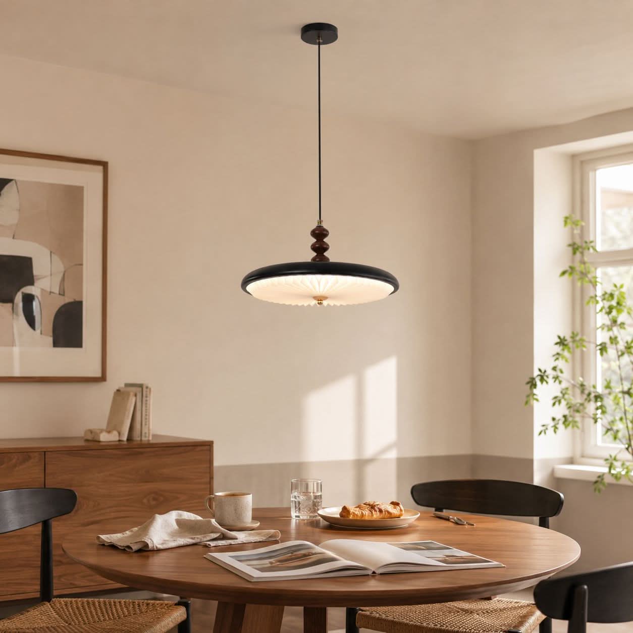 Black Pleated Pendant Light | Colour-Changing LED Ceiling Lamp