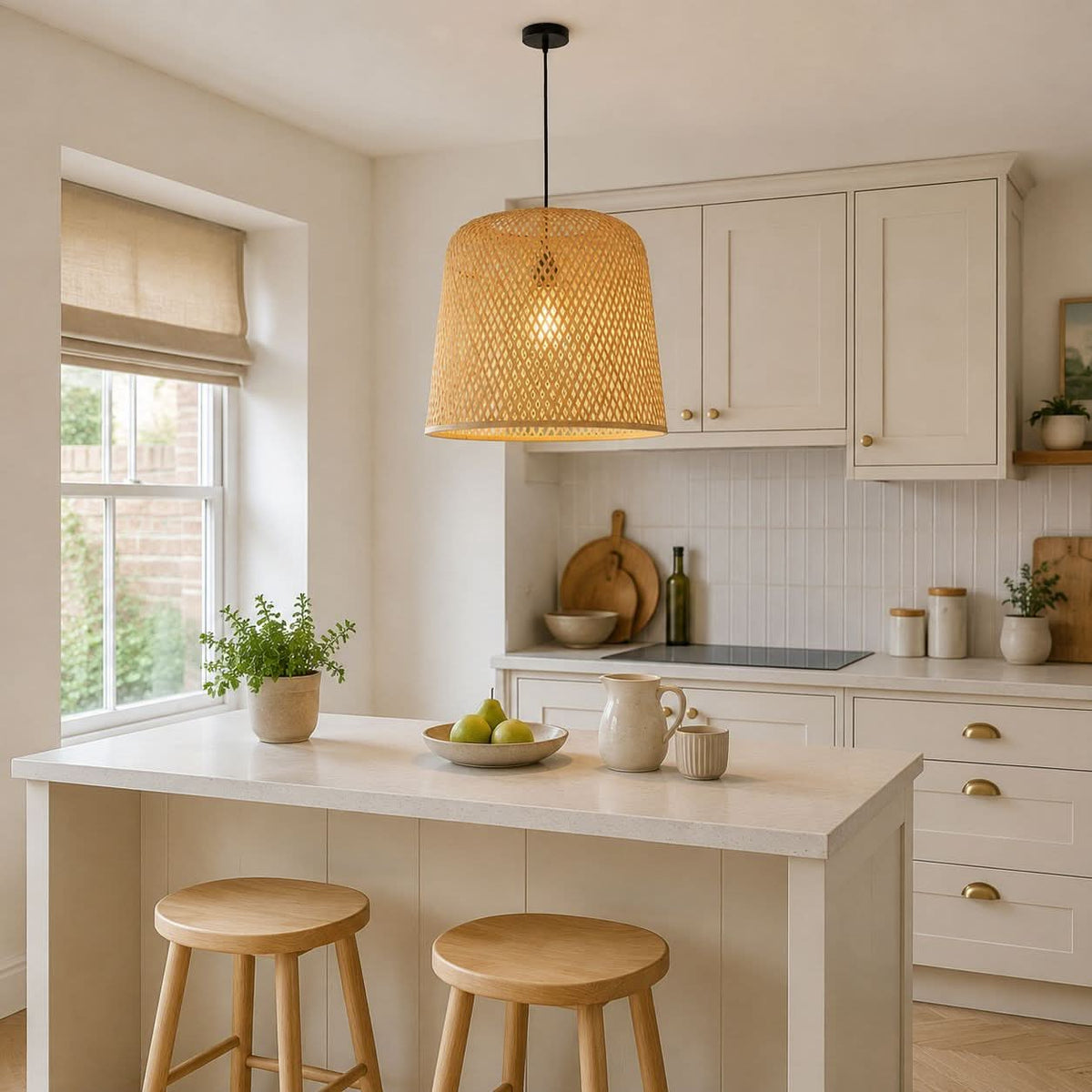 Lightsin Cella-Bamboo Pendant Light – Handwoven Cylindrical Ceiling Light with Cross-Weave Shade for Kitchen, Bedroom & Living Room