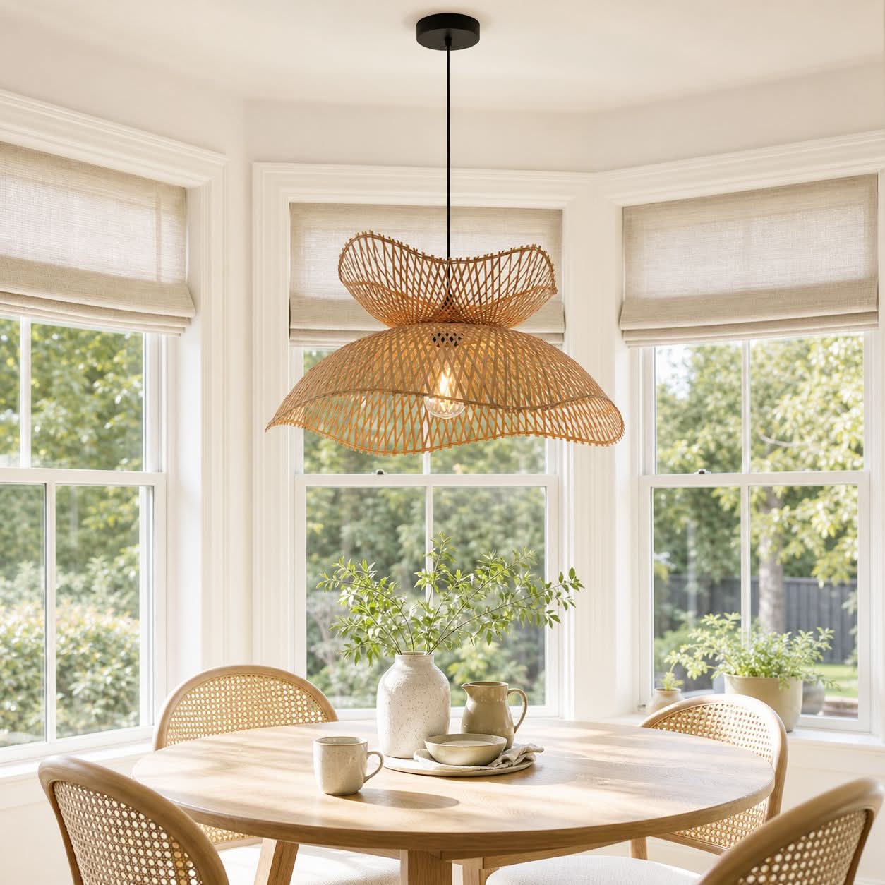 Lightsin Double-Layer Bamboo Pendant Light – Natural Ceiling Pendant Light for Living Room, Dining Area, and Boho Interiors