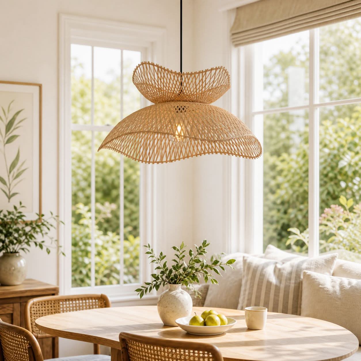 Lightsin Double-Layer Bamboo Pendant Light – Natural Ceiling Pendant Light for Living Room, Dining Area, and Boho Interiors