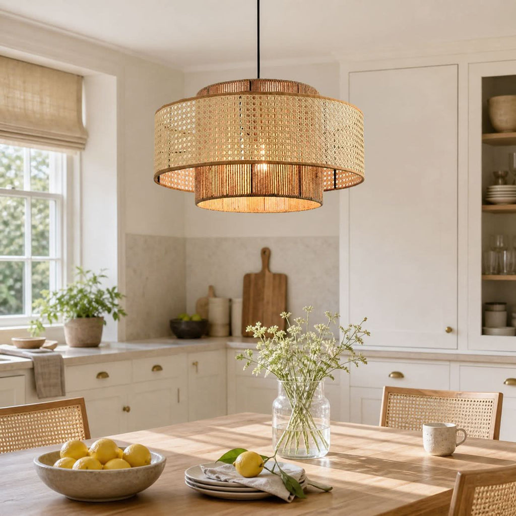 Lightsin Natural Woven Rattan and Hemp Rope Rustic Pendant Light Fixture