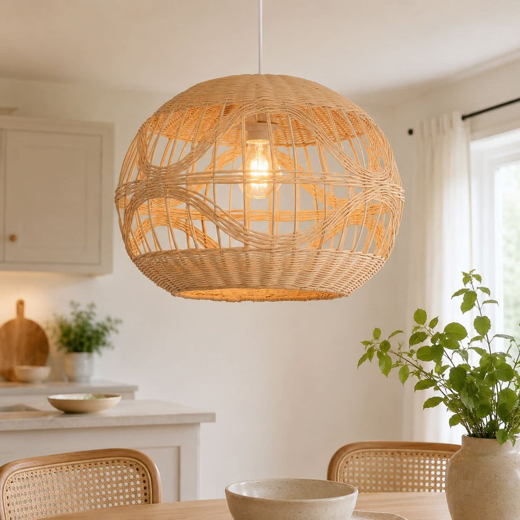 Lightsin Cella-Sustainable Handwoven Spherical Rattan Pendant Light with Wave Details