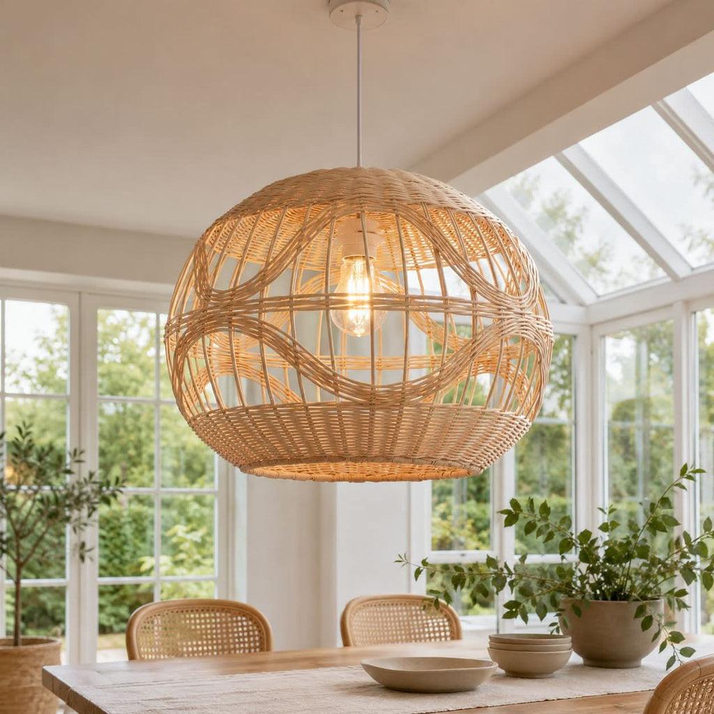 Lightsin Cella-Sustainable Handwoven Spherical Rattan Pendant Light with Wave Details