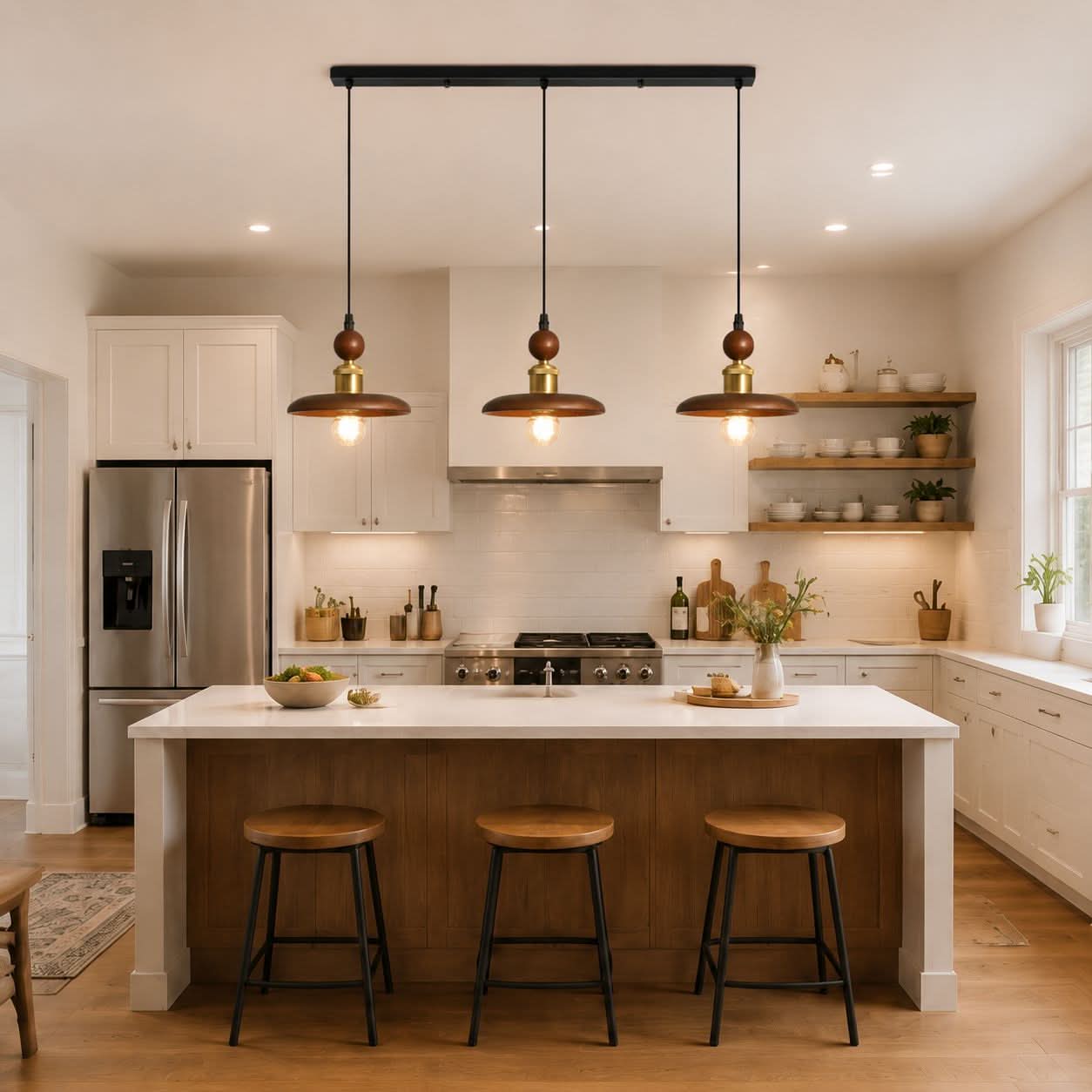 3-Light Walnut Wood Mini Pendant Light | E27 Ceiling Lamp