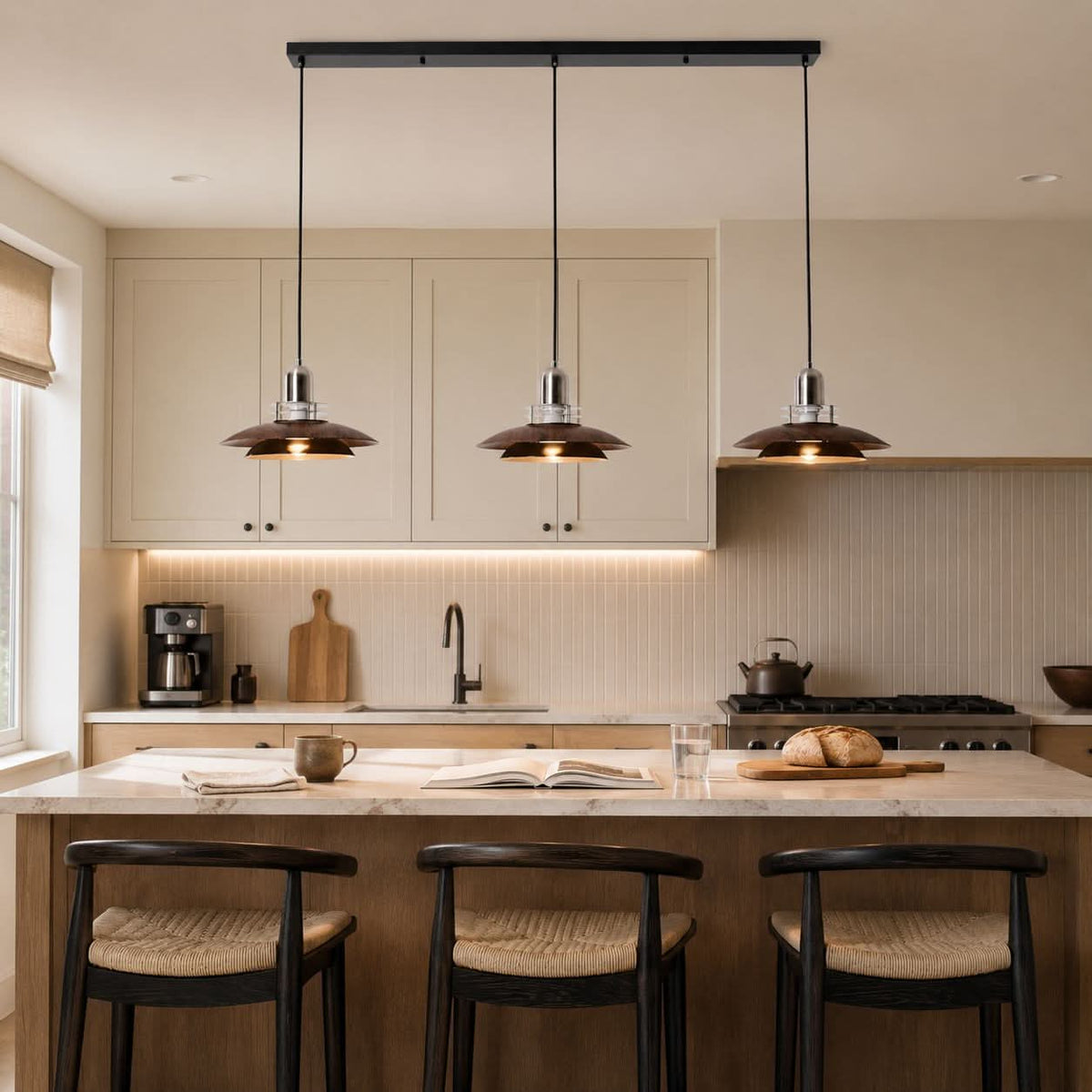 3-Light Walnut Iron Pendant Light | Adjustable E27 Ceiling Lamp